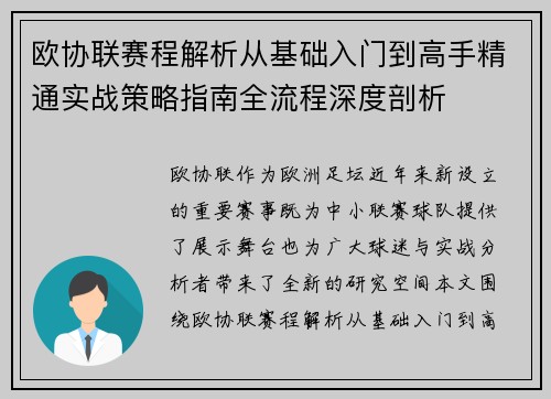 欧协联赛程解析从基础入门到高手精通实战策略指南全流程深度剖析